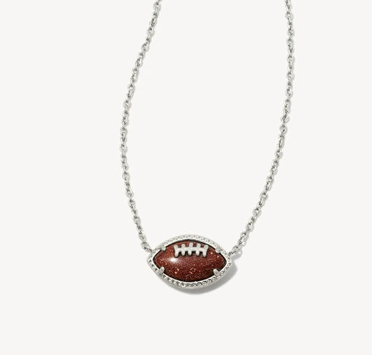 Silver-tone football pendant necklace with brown football charm and pavé border