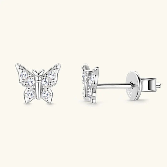 White gold butterfly stud earrings with sparkling moissanite stones, front and back view