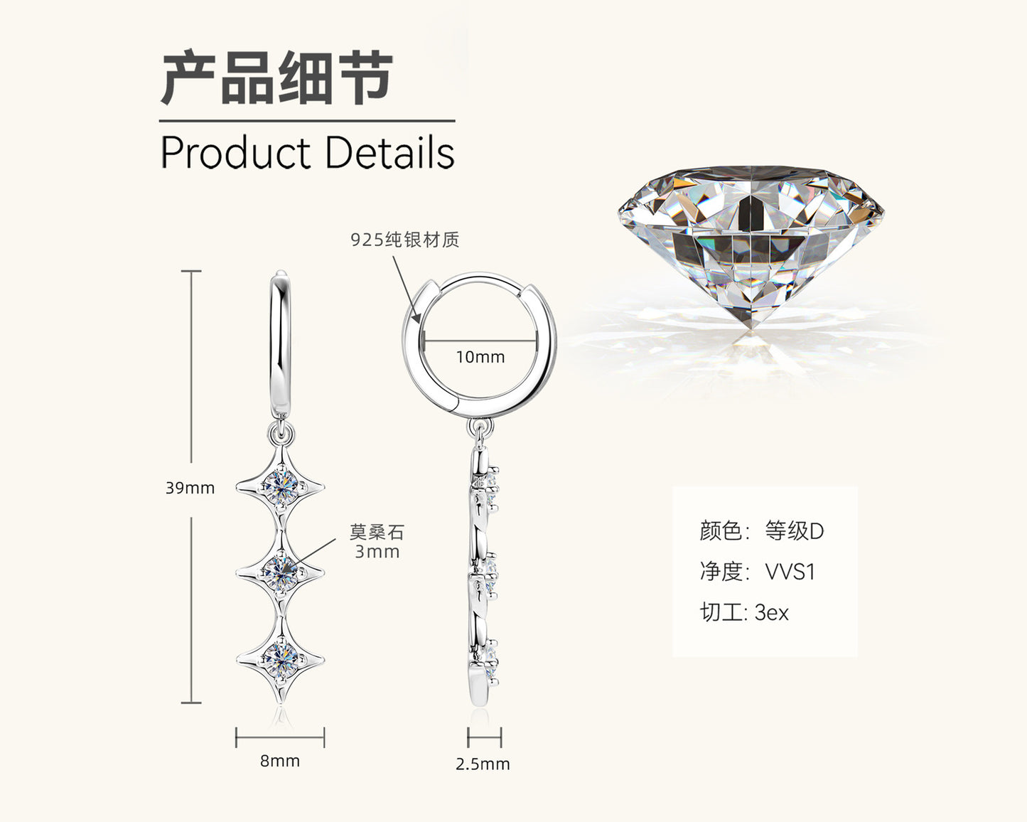 Three-Stone Moissanite Drop Earrings