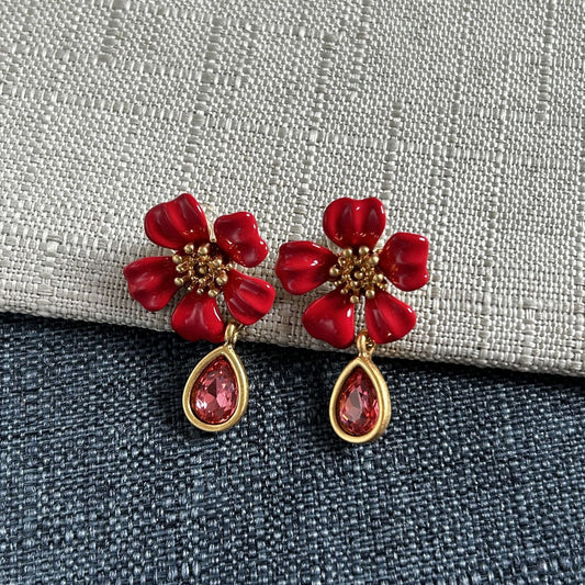 Vintage floral enamel and crystal stud earrings with red blossoms and pink teardrop drops