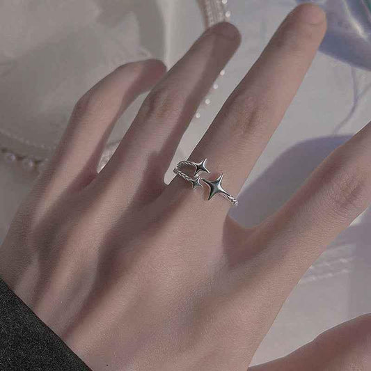 Sterling Silver Star Ring - Double Star Open Band Design - JIMMY JEWELRY 01