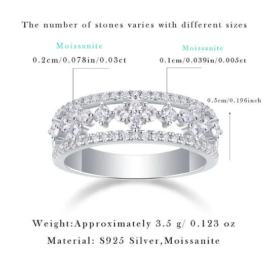 Silver moissanite engagement ring with three-stone center and pavé side band