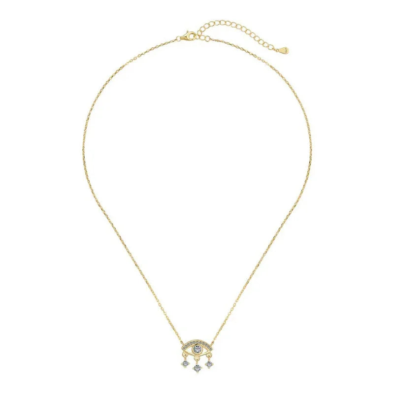 Gold-tone devil eye pendant necklace with CZ eye and small dangling charm details