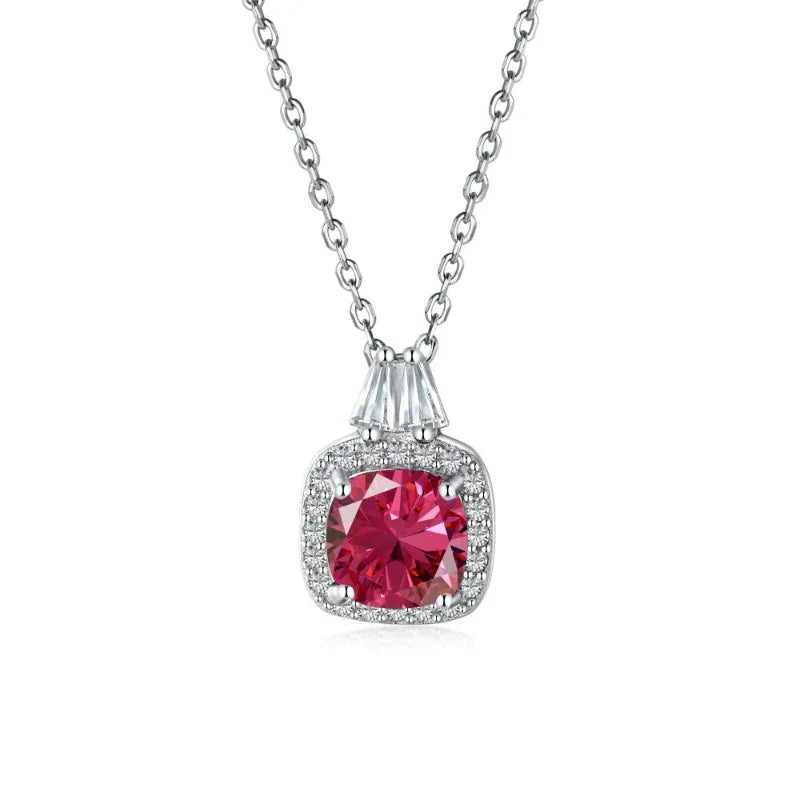 Silver heart pendant necklace with red CZ stone and pavé halo on chain