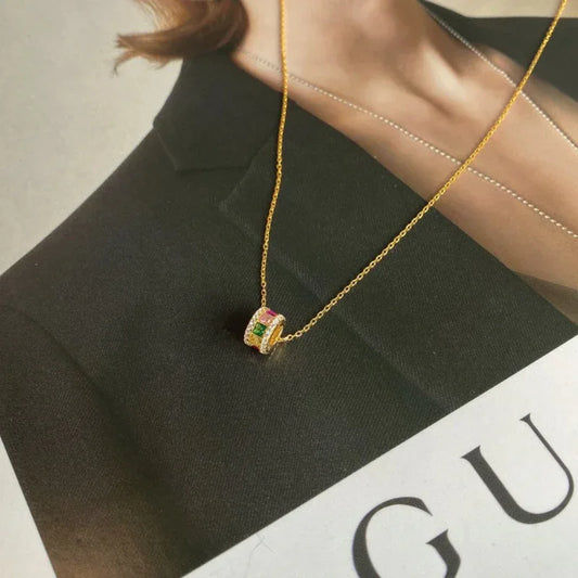 Gold plated pendant necklace with square halo multicolor CZ center stone, chain