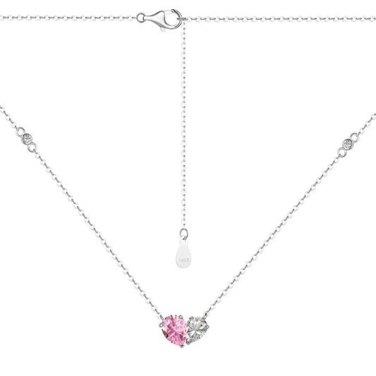 Double chain heart pendant necklace with pink and clear CZ stones, silver