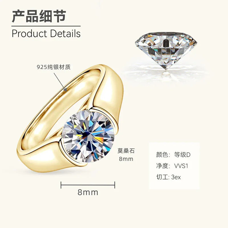 Gold solitaire moissanite ring with round center stone and V-shaped prongs