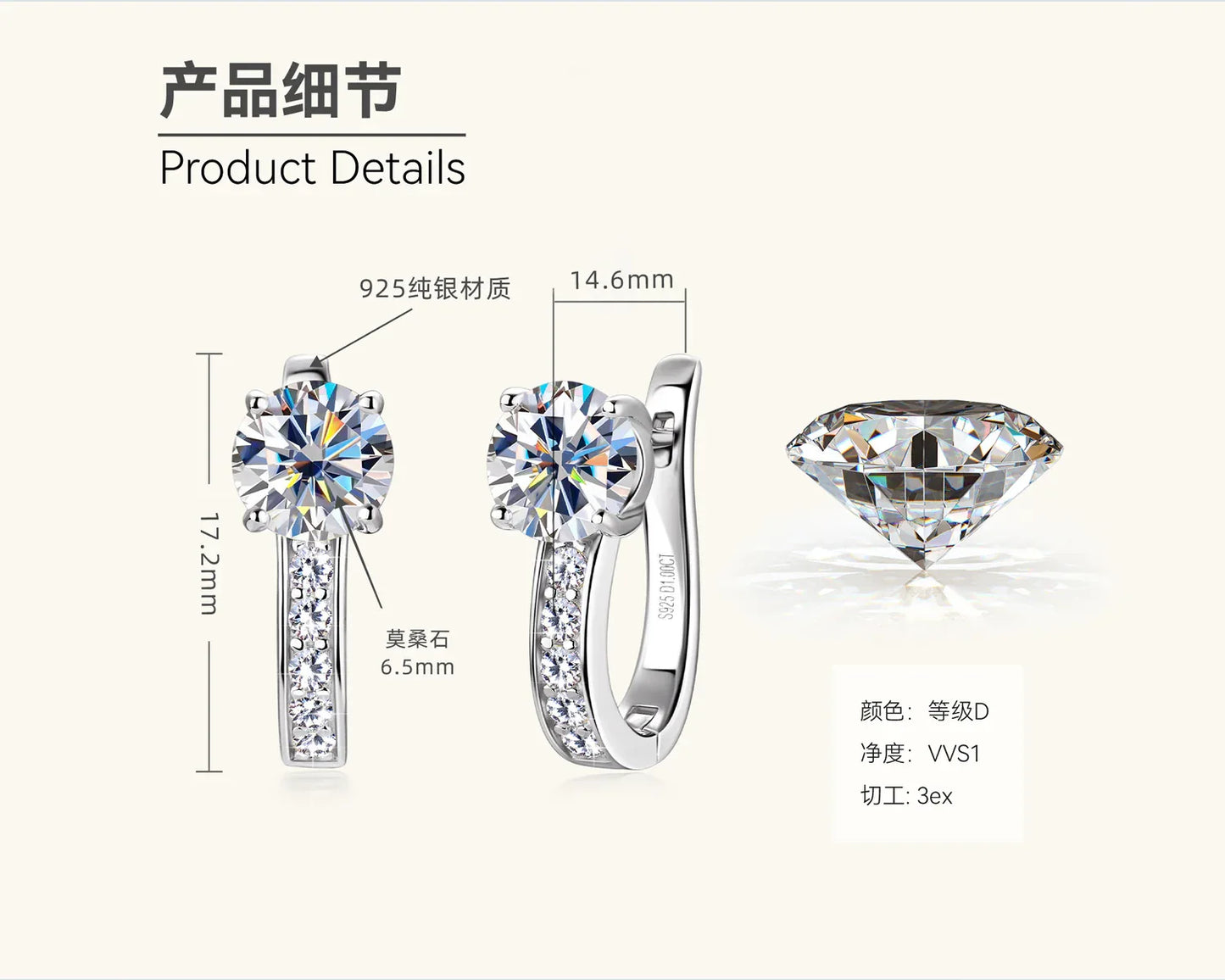 Halo moissanite huggie earrings with pavé side stones and round drop centerpiece, silver