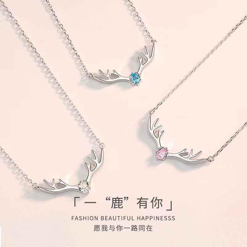 Reindeer antler necklaces in silver with blue and pink center gemstones, set of 2