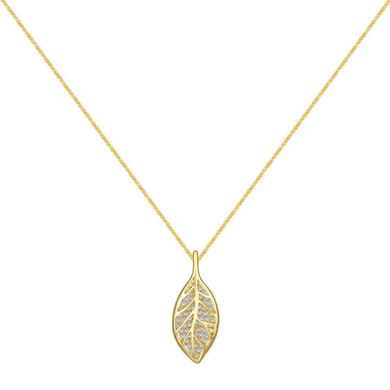 Gold-plated leaf CZ pendant necklace with teardrop leaf design and slim chain