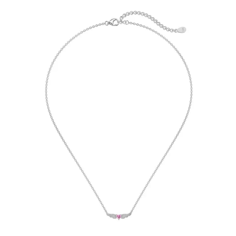 White gold chain necklace with angel wings heart CZ pendant and pink center stone
