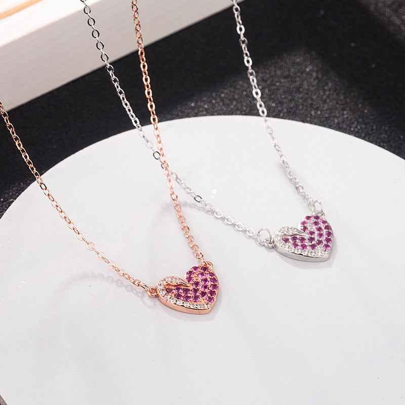 Heart pendant necklace with pink crystal pave on rose-gold and silver-tone chains