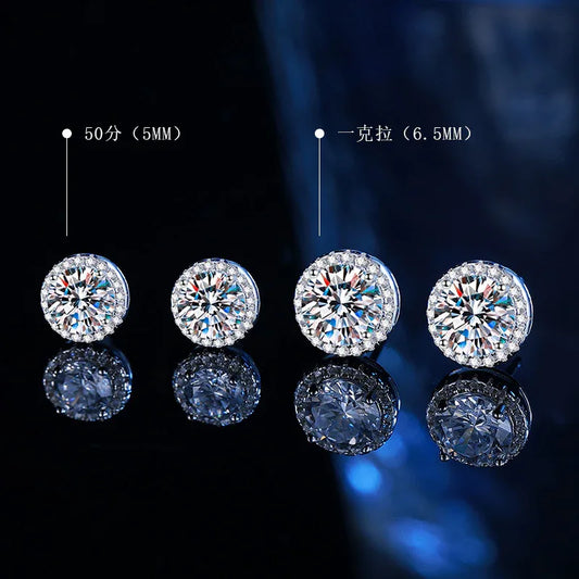 Moissanite halo stud earrings, round clear stones with sparkling pavé halo, pair view