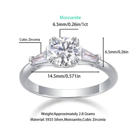S925 silver moissanite engagement ring with round center stone and baguette side stones