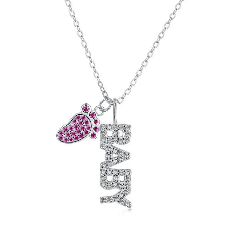 925 sterling silver footprint mama and baby letter diamond necklace - JIMMY JEWELRY 01