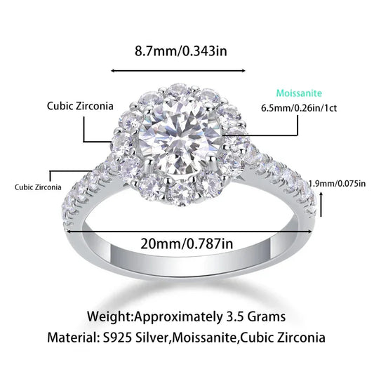 White gold moissanite halo engagement ring with round center stone and pavé band
