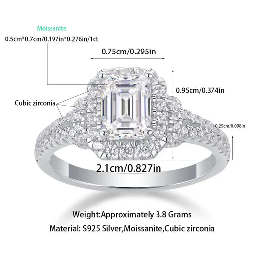 S925 silver engagement ring diagram showing emerald-cut center stone and pavé halo