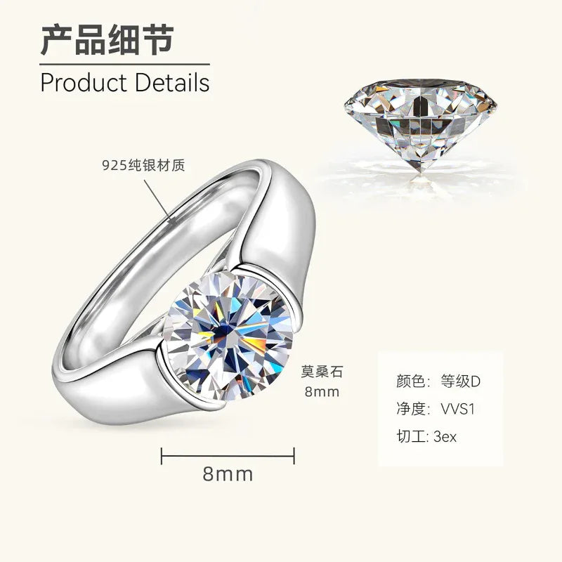 White gold solitaire moissanite ring with round center stone and V-shaped prongs
