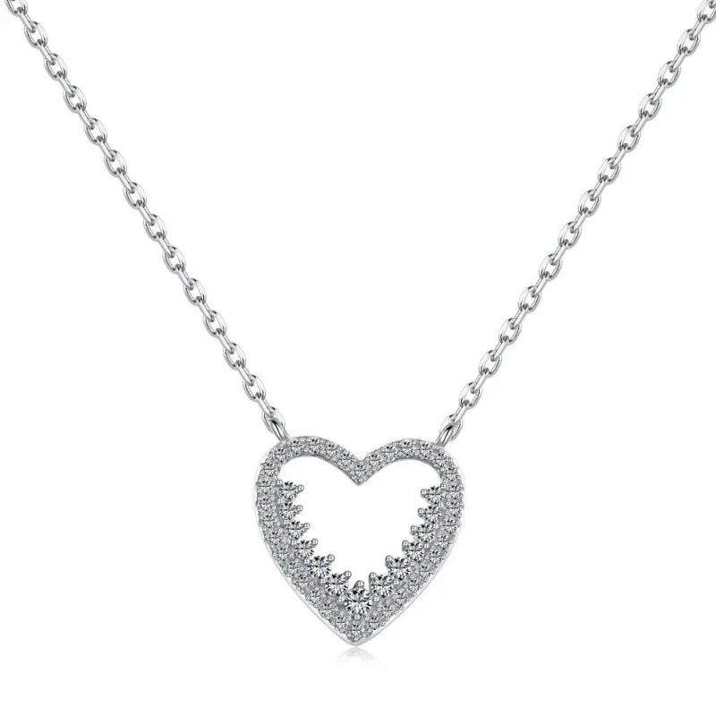 Silver-tone heart pendant necklace with pavé CZ stones and linked chain
