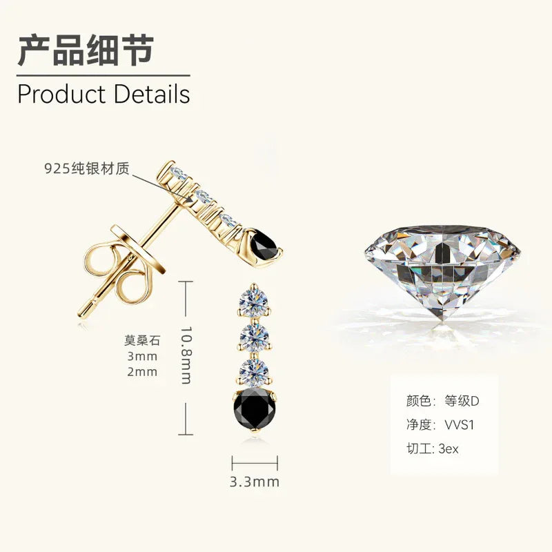 Gold-tone cascading earring diagram: 925 silver posts, three round stones, black drop