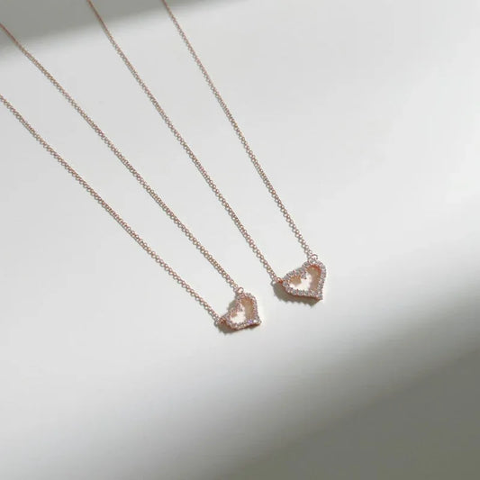 Heart CZ pendant necklace with hollow heart charm; silver-tone and gold-tone chains