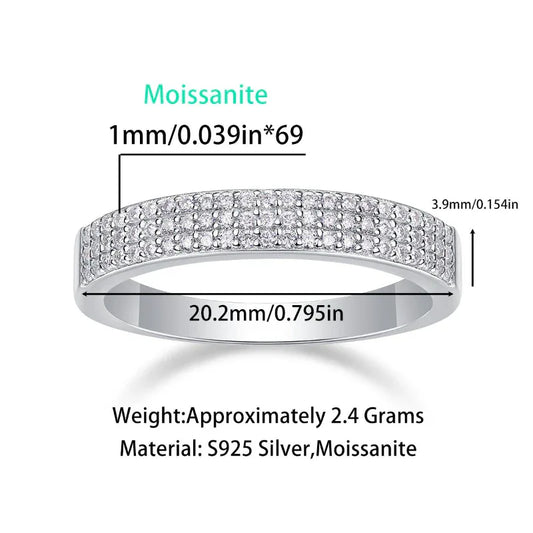 Silver moissanite diamond band ring with size and weight diagram