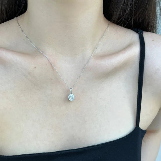 CZ bridal jewelry set pendant necklace with oval blue-white center on silver chain