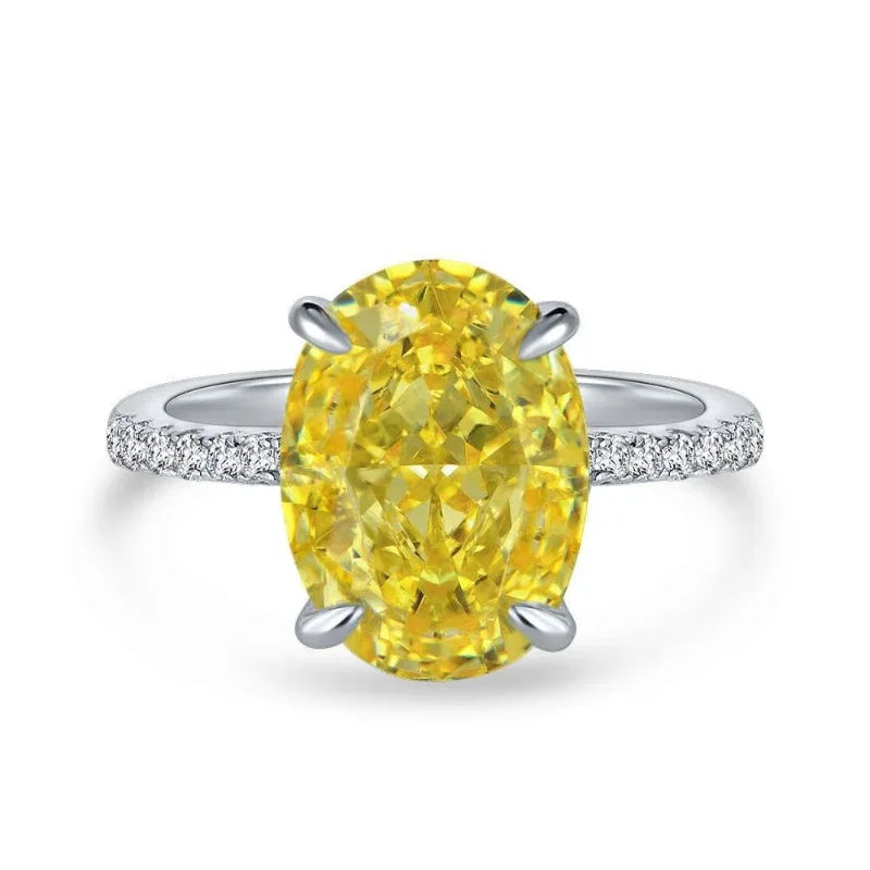 Sterling silver oval yellow gemstone solitaire ring, slim pave band and raised center