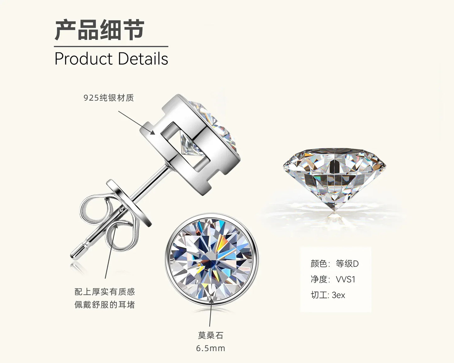 Silver-tone round moissanite stud earrings with bezel-set gemstone close-up.