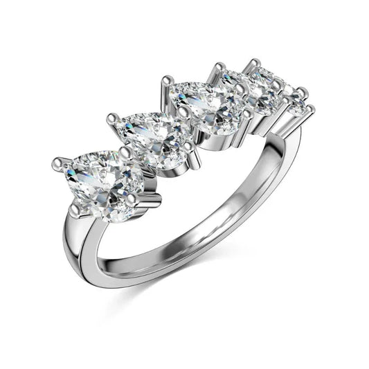 White metal marquise waterdrop CZ ring with five sparkle stones and raised prong settings