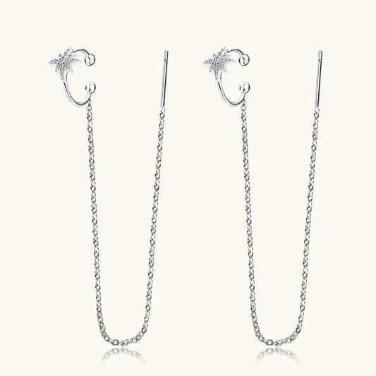 Silver-tone star moissanite ear cuff with long dangling chain