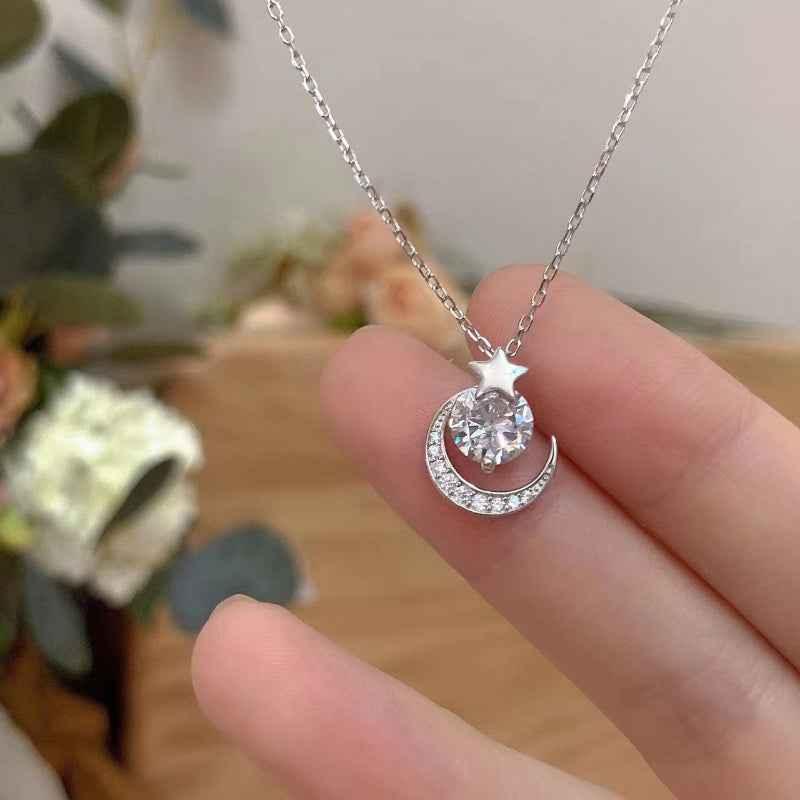 S925 Sterling Silver Star Moon Diamond Necklace - JIMMY JEWELRY 01