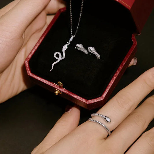 Silver snake pendant necklace with CZ stones on chain; ring on finger