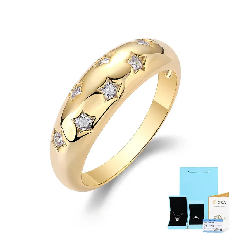 Gold moissanite wedding ring angled view with star-set round stones