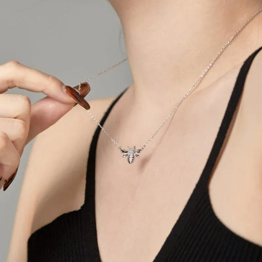 Honey bee pendant necklace with silver-tone chain and CZ pavé bee detail