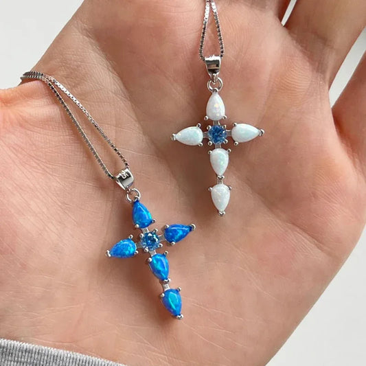 Blue Fire Opal Cross Pendant For Women - JIMMY JEWELRY 01
