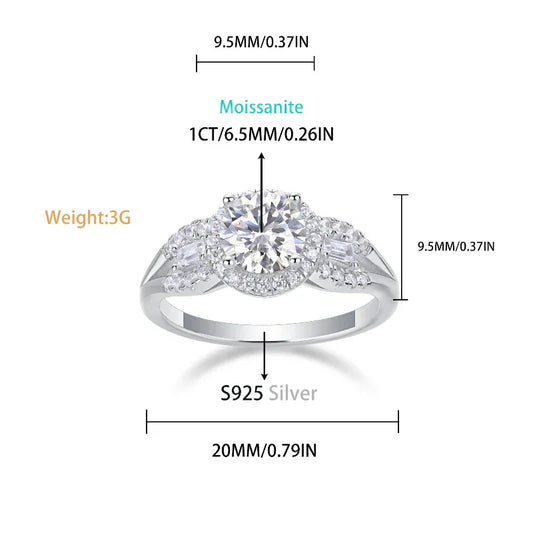 S925 silver moissanite band with round center stone, halo, and side stones (size diagram)