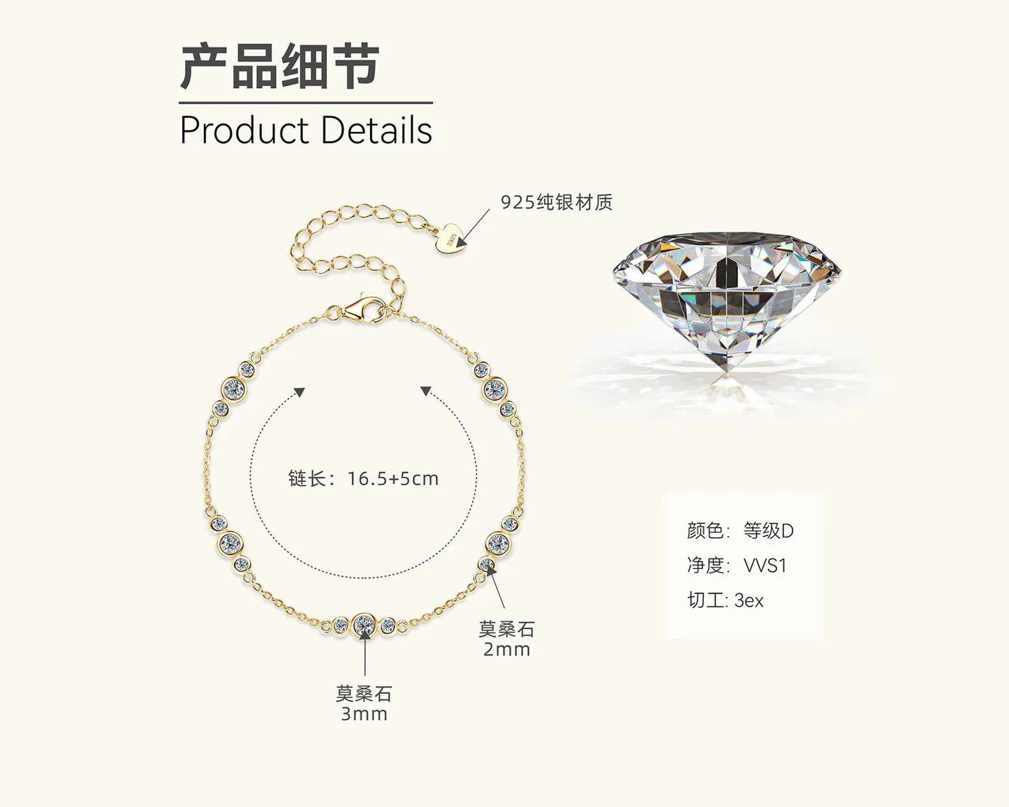 Moissanite bracelet product details graphic showing gold chain and stone size notes