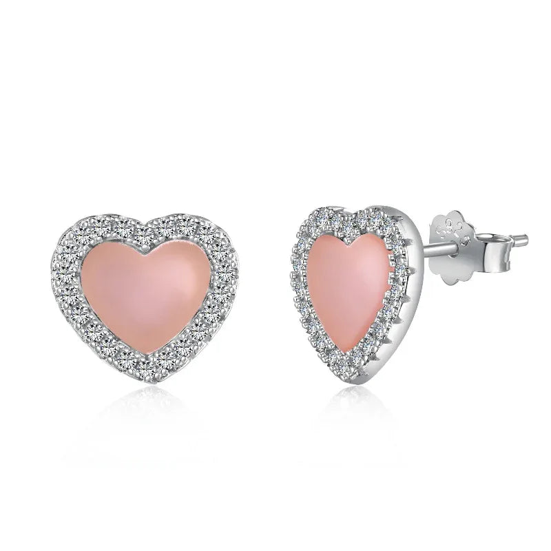Heart stud earrings with pink enamel center and diamond halo, silver-tone setting