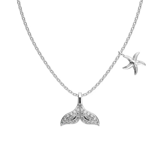 Silver-tone mermaid tail CZ pendant necklace with starfish charm on chain
