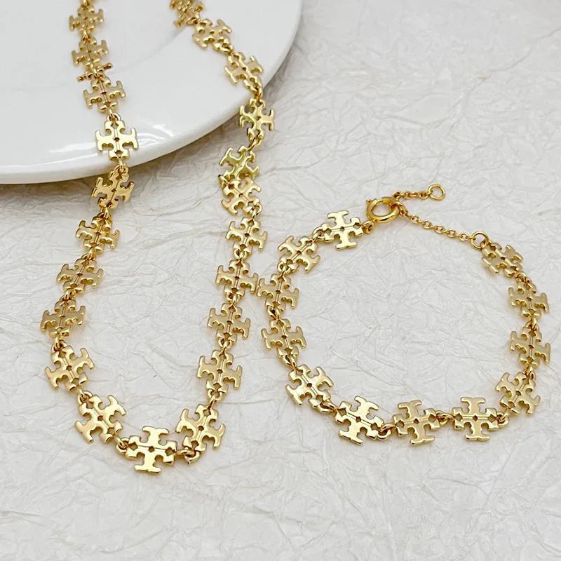 Tory Burch Double T Logo Chain Necklace & Bracelet Set — Gold