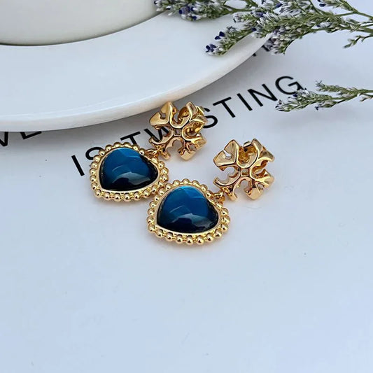 Gold-plated Heart Drop Earrings with blue shell heart stones and leaf-like top