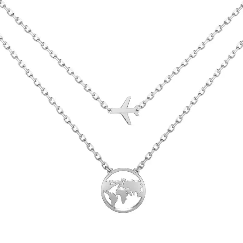 World map airplane pendant necklace, silver-tone chain with globe and airplane charms