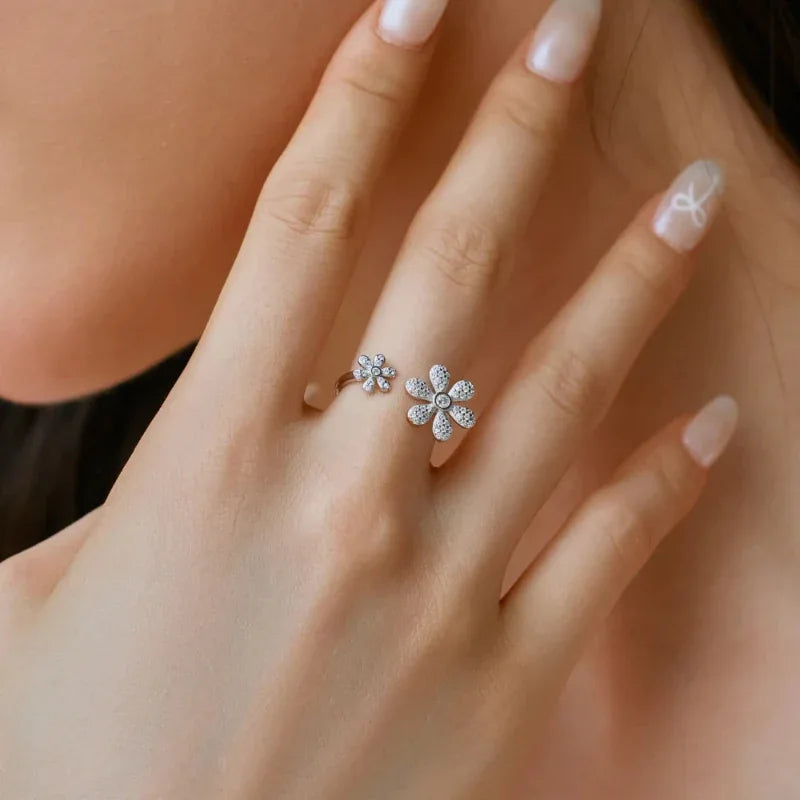 Zirconia Double Flowers Open Adjustable Ring - JIMMY JEWELRY 01