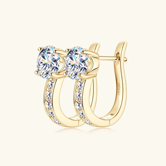 Gold halo moissanite huggie earrings with pavé side stones, round center with hanging bar