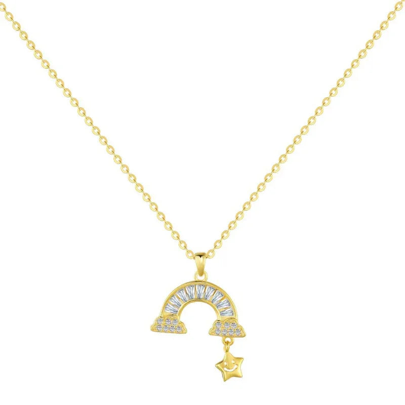 Gold-plated semi-circle CZ pendant necklace with dangling star charm, plain chain