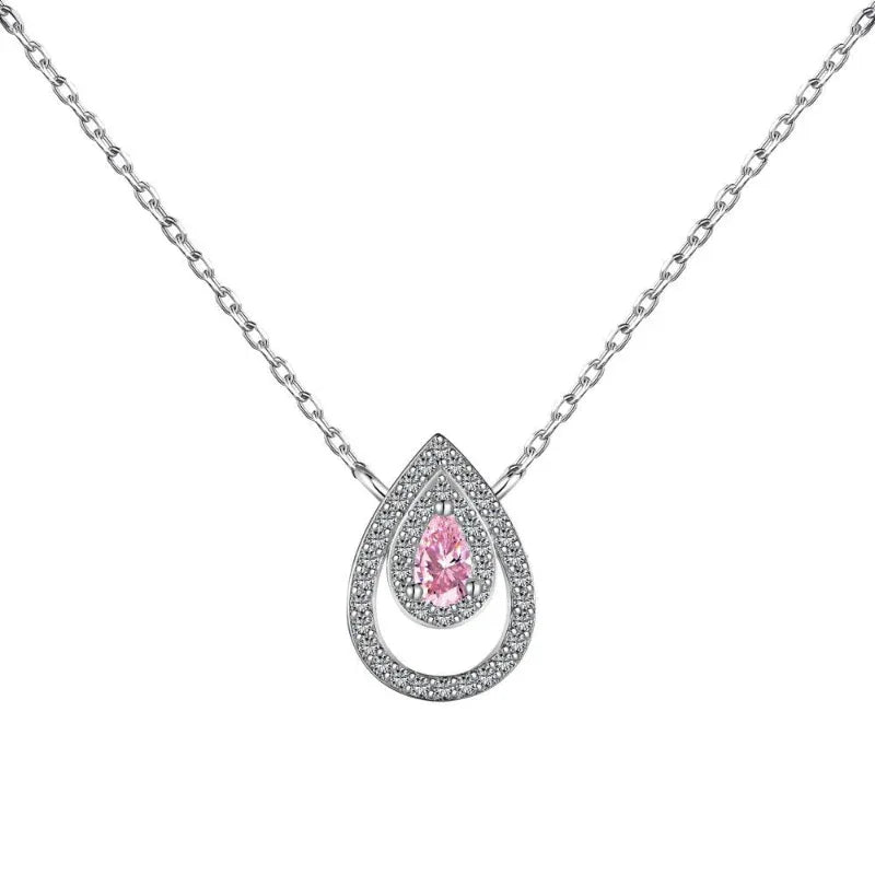 Silver teardrop CZ pendant necklace with pink center stone and double teardrop frame