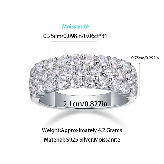Silver moissanite wedding band ring with prong-set round stones on the top section