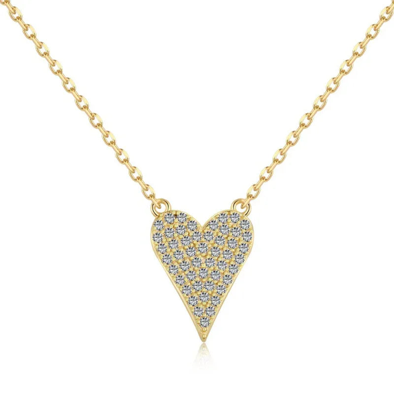 Gold tone heart CZ pendant necklace with pavé crystal cluster and link chain