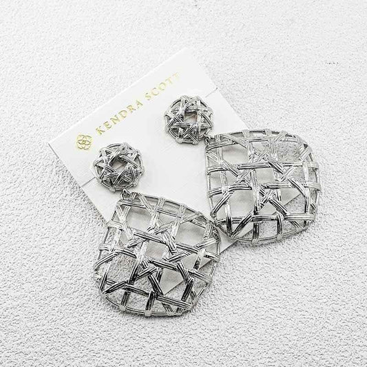 Silver-tone openwork braid earrings with round stud and geometric drop